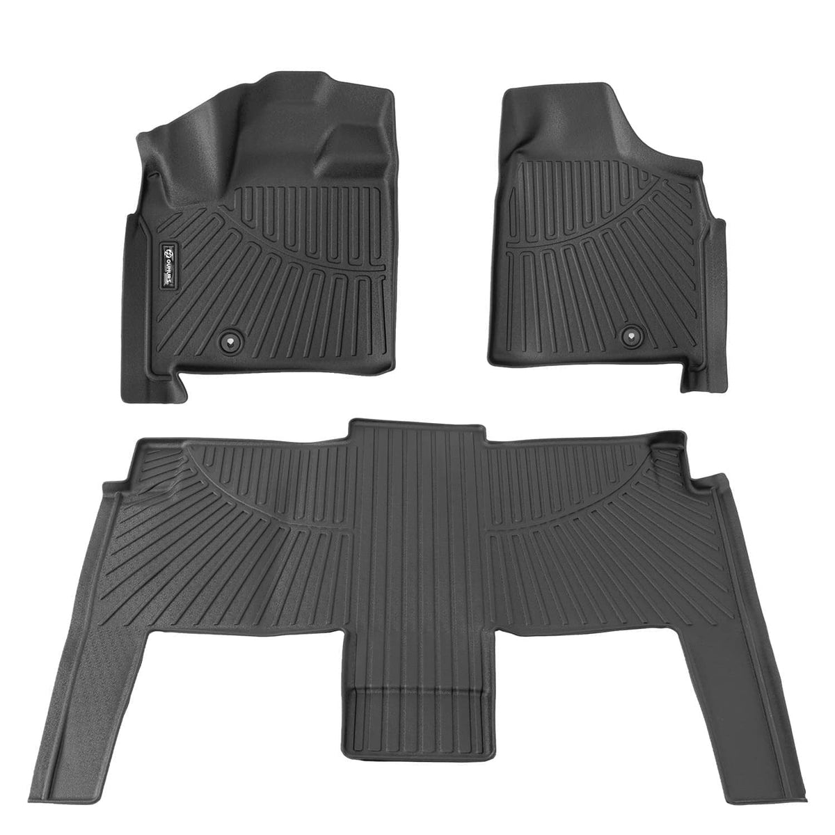 All-weather rubber floor mat set with ridged tread pattern and circular fastener holes