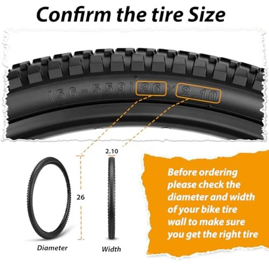 Black mountain bike tire cross-section with diameter and width indicators