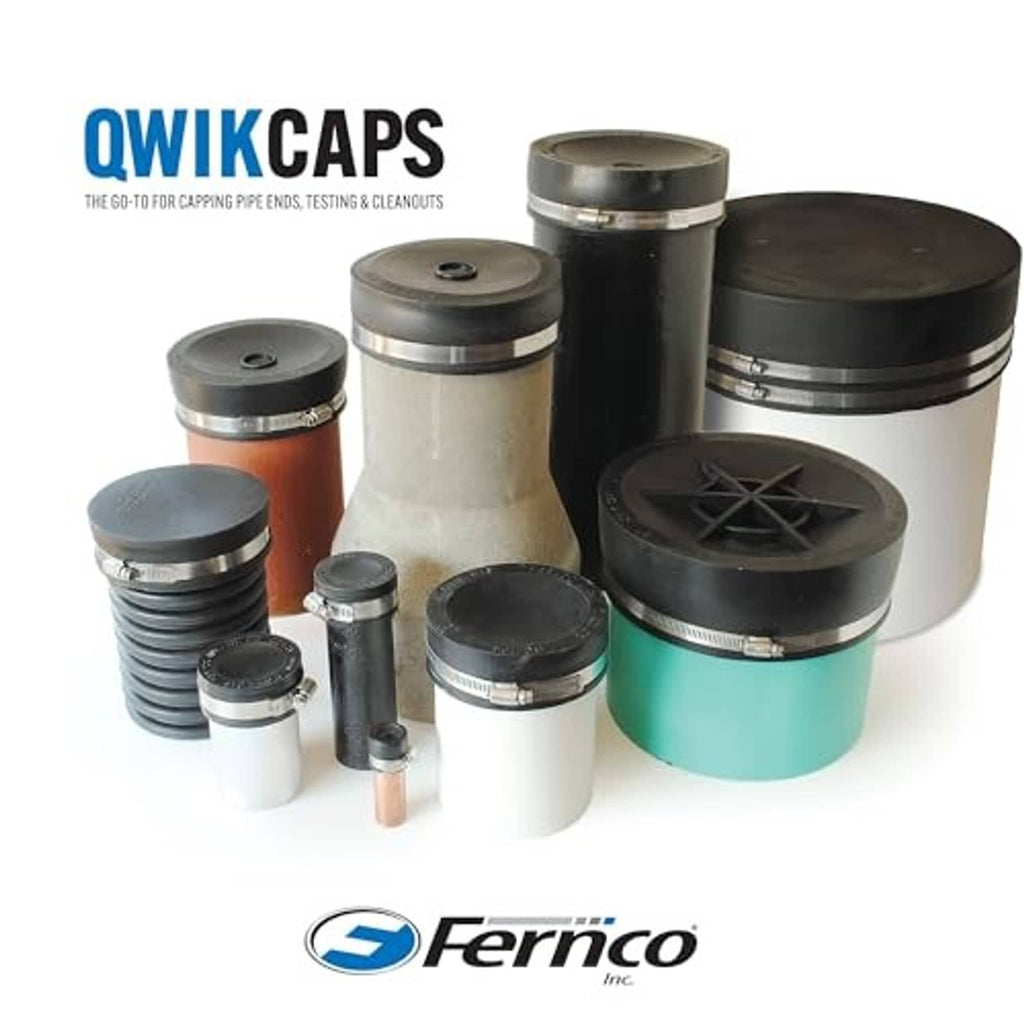 Assorted flexible PVC pipe caps with black tops, metal clamp bands, and different pipe sizes