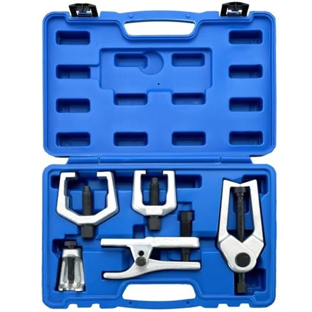 Blue tool case open with ball joint separator and tie rod puller metal parts