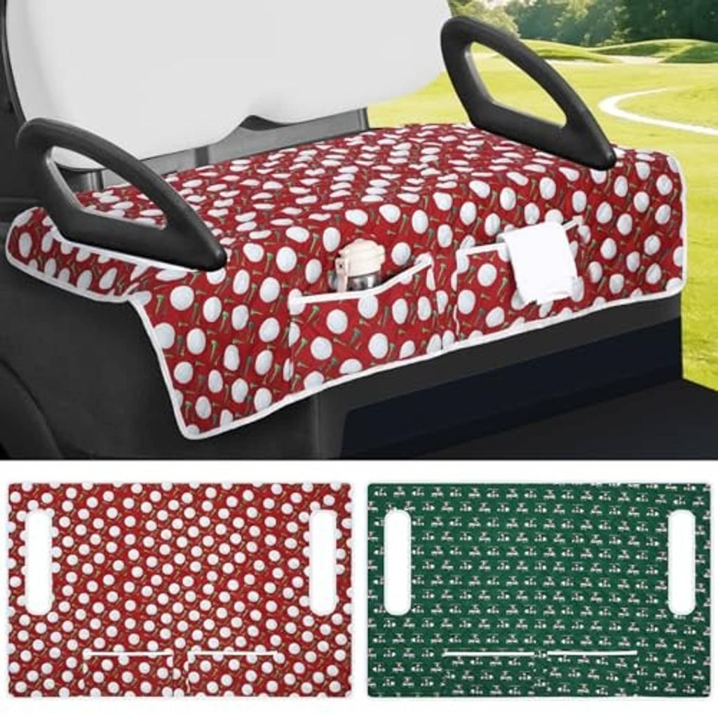Red Christmas golf cart seat cover on cart seat, white dot pattern with center pouch