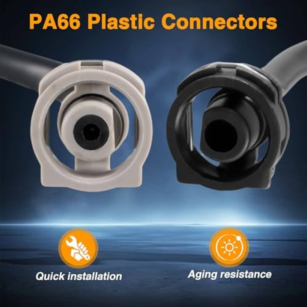 Engine coolant overflow vent tube connectors: white and black plastic fitting heads