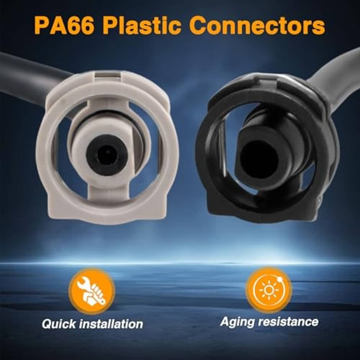 Engine coolant overflow vent tube connectors: white and black plastic fitting heads