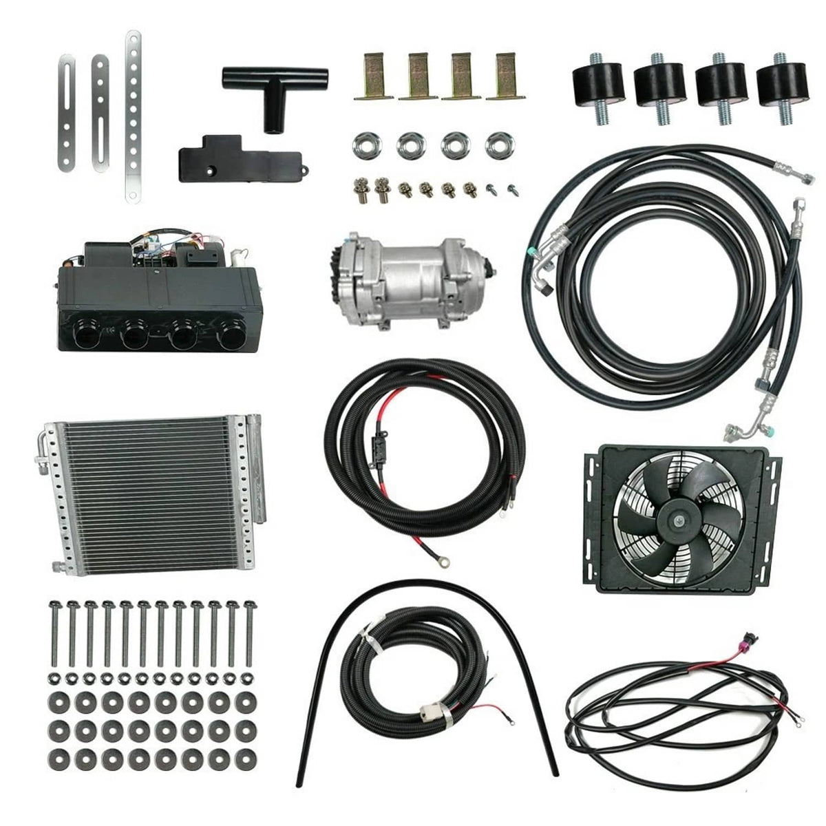12V underdash car A/C kit with condenser, fan, compressor, hoses, and mounting hardware