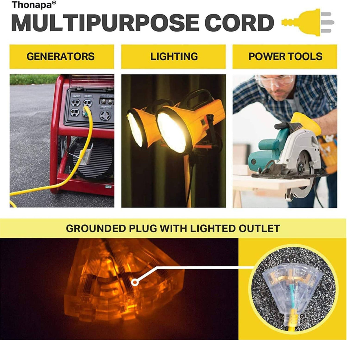 Grounded extension cord with clear plug and 3-prong outlet connection