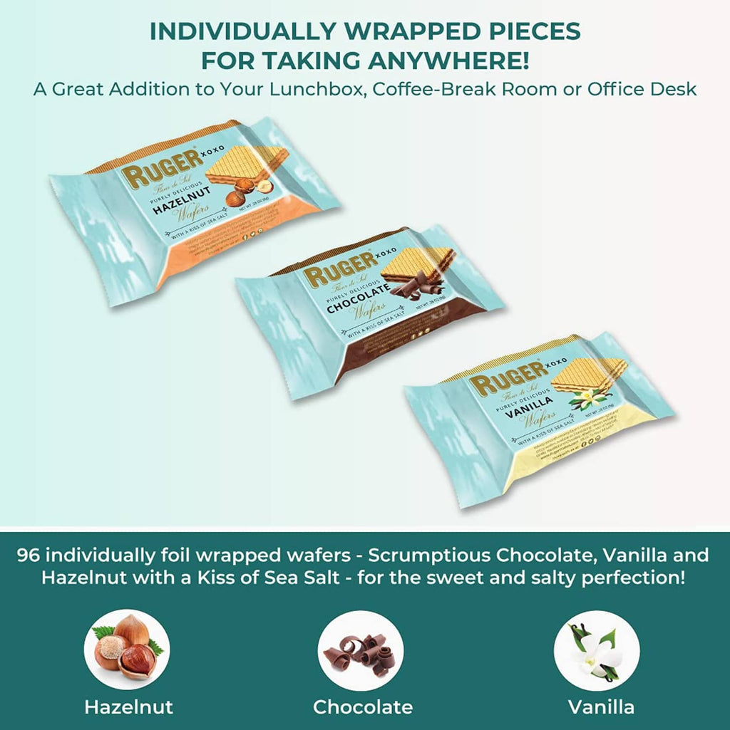 Individually wrapped RUGER XOXO mini wafer packets for hazelnut, chocolate, and vanilla