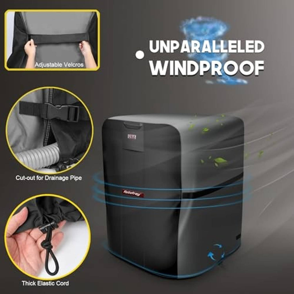 Gray waterproof air conditioner cover with adjustable Velcro straps and elastic cord