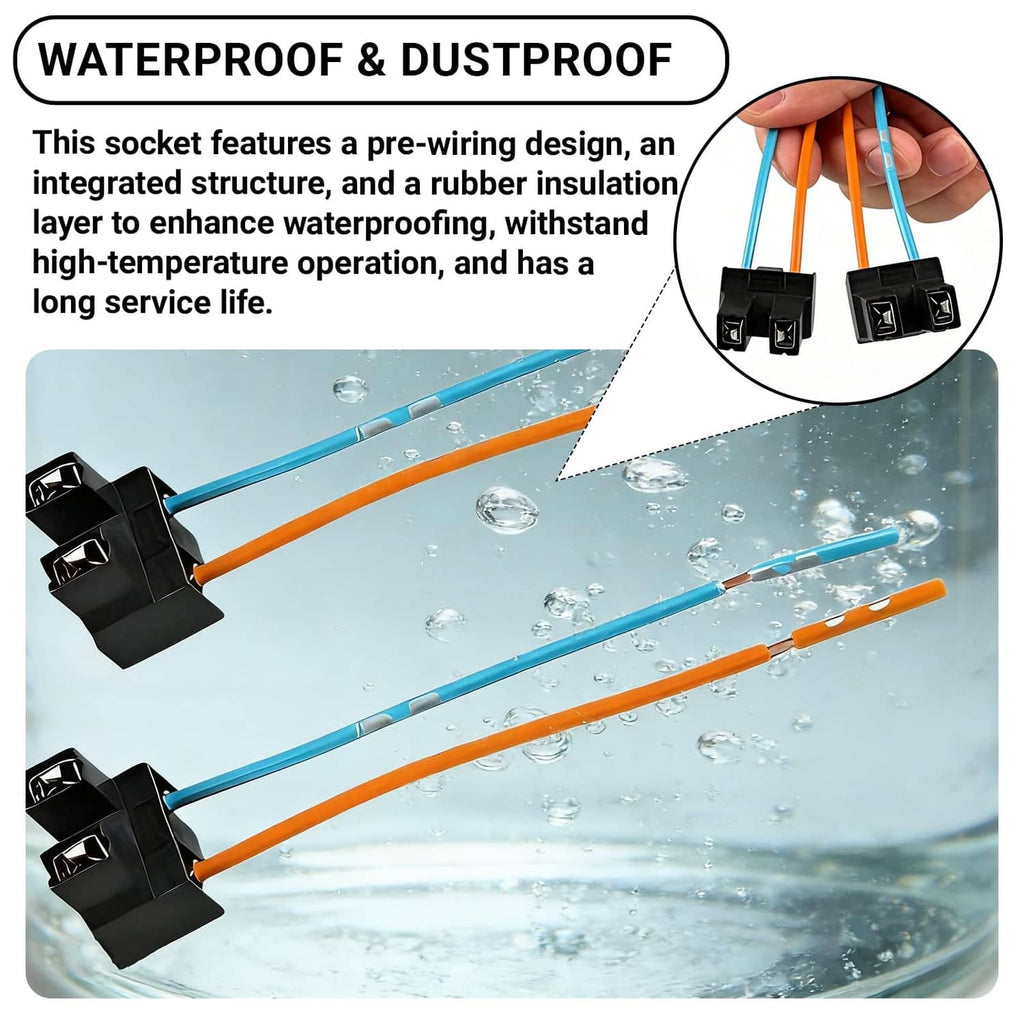 H7 female socket harnesses with black plugs, blue and orange wires