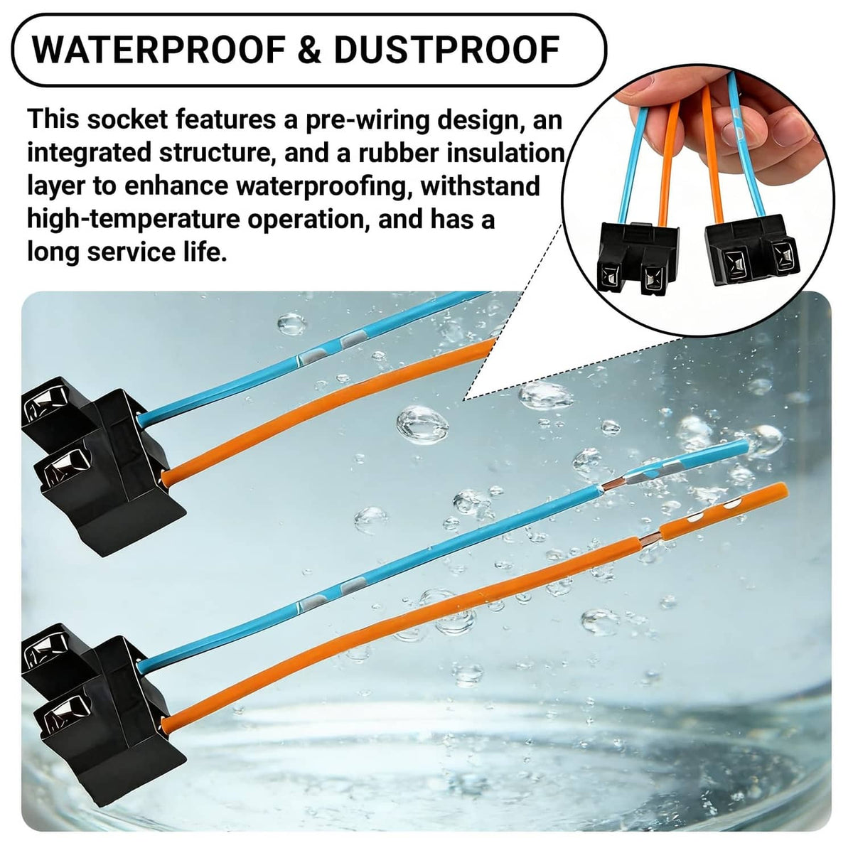 H7 female socket harnesses with black plugs, blue and orange wires