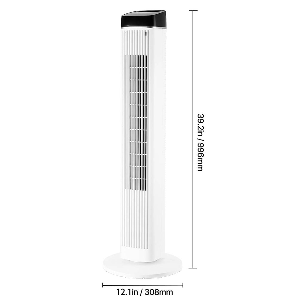 White tower fan side view with black top and round pedestal base
