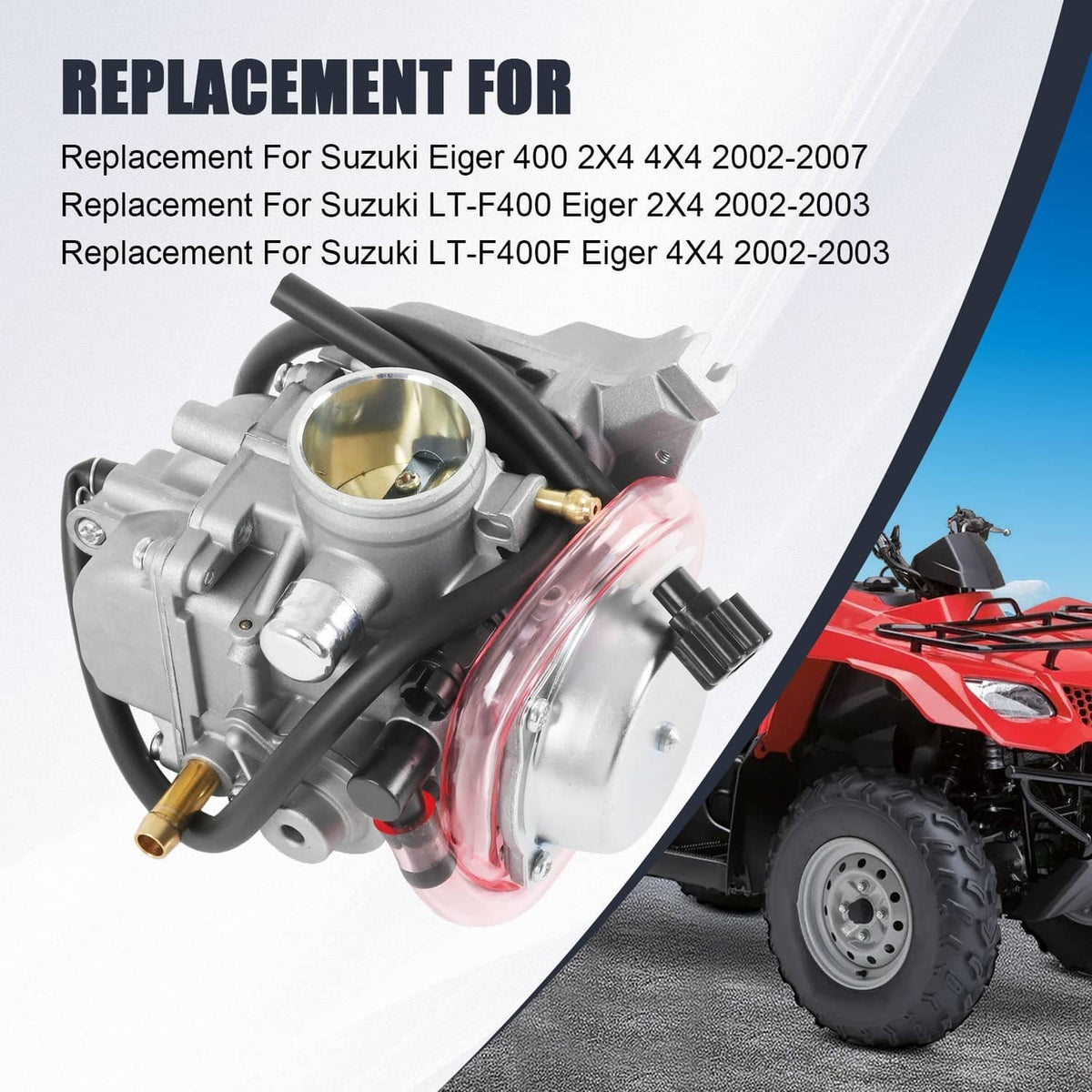 Carburetor assembly with manual choke on silver body, red intake cover