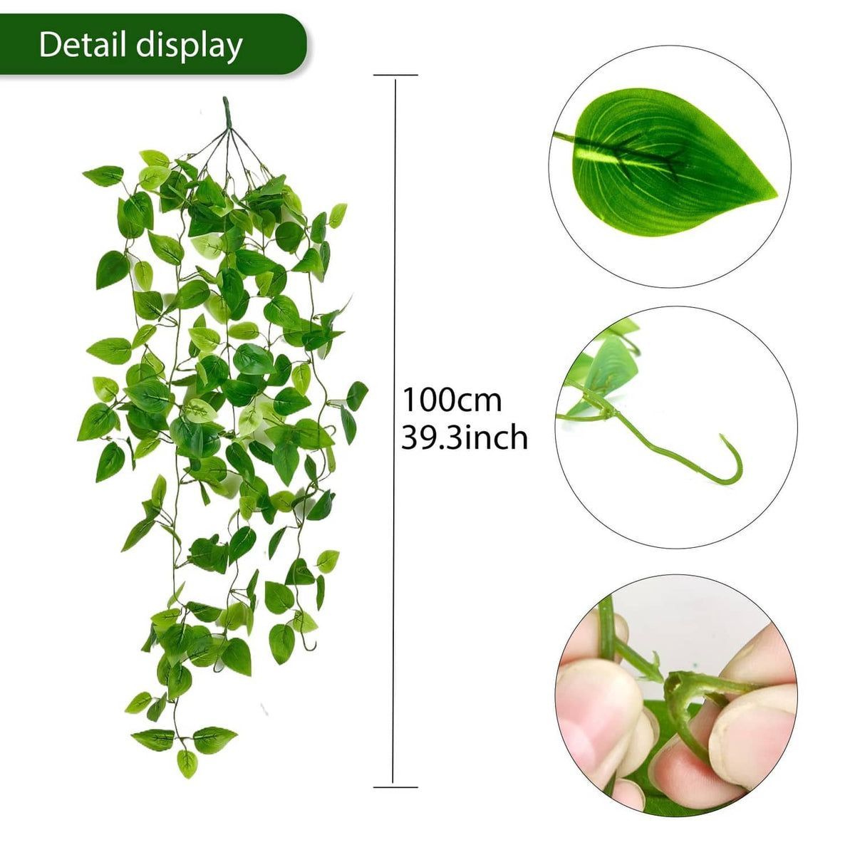 Artificial hanging vine plants with green leaves, close-up strands with leaf detail
