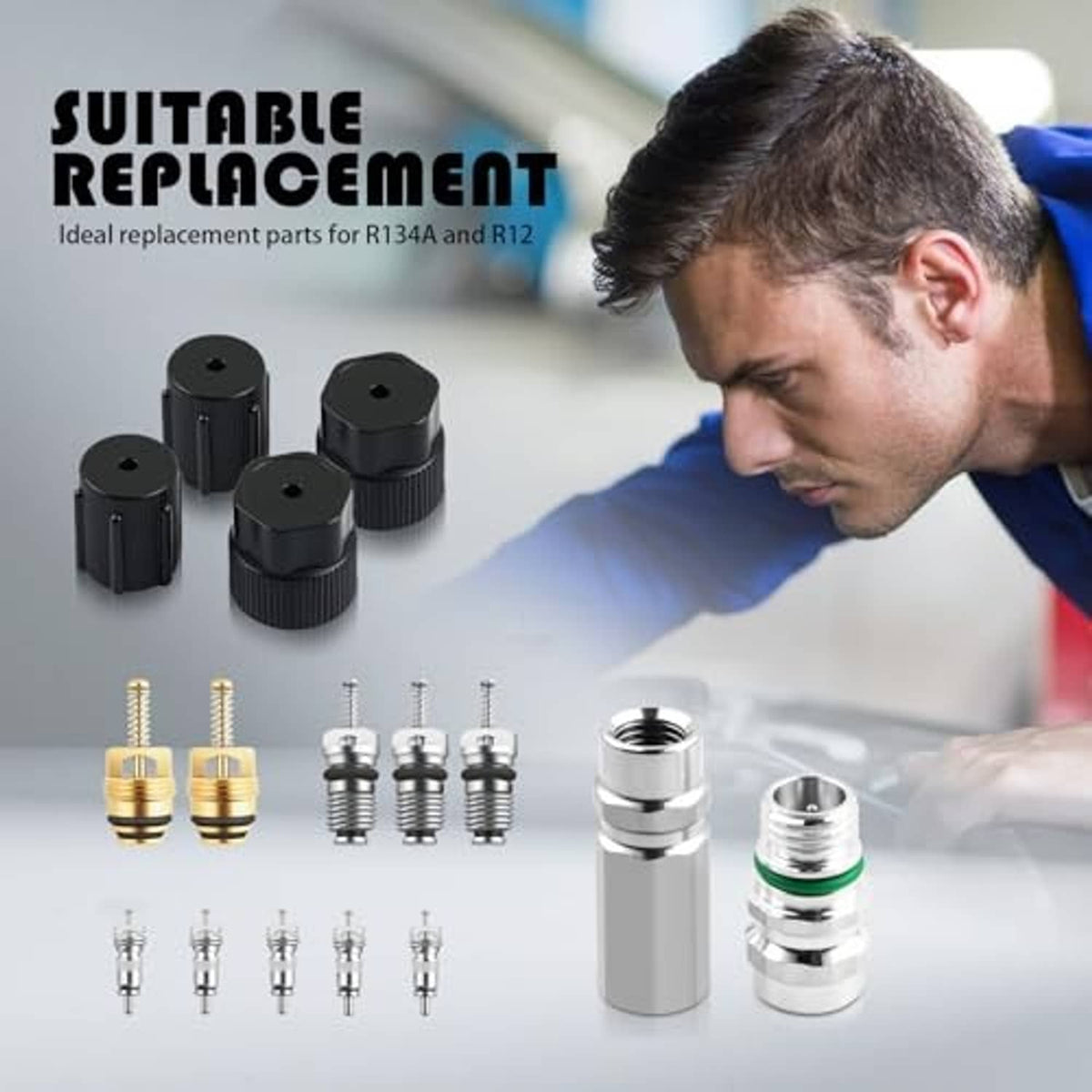 AC valve core kit with valve cores and adapters beside technician checking an air system