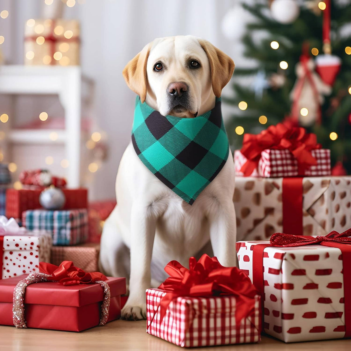 Dog wearing a red-and-green plaid bandana with black diamond pattern around neck