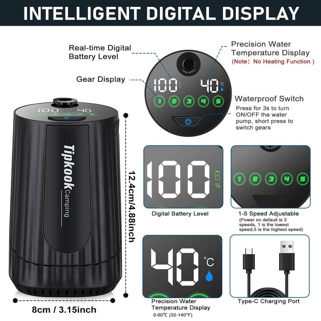 Portable shower pump with digital battery level display and waterproof switch controls