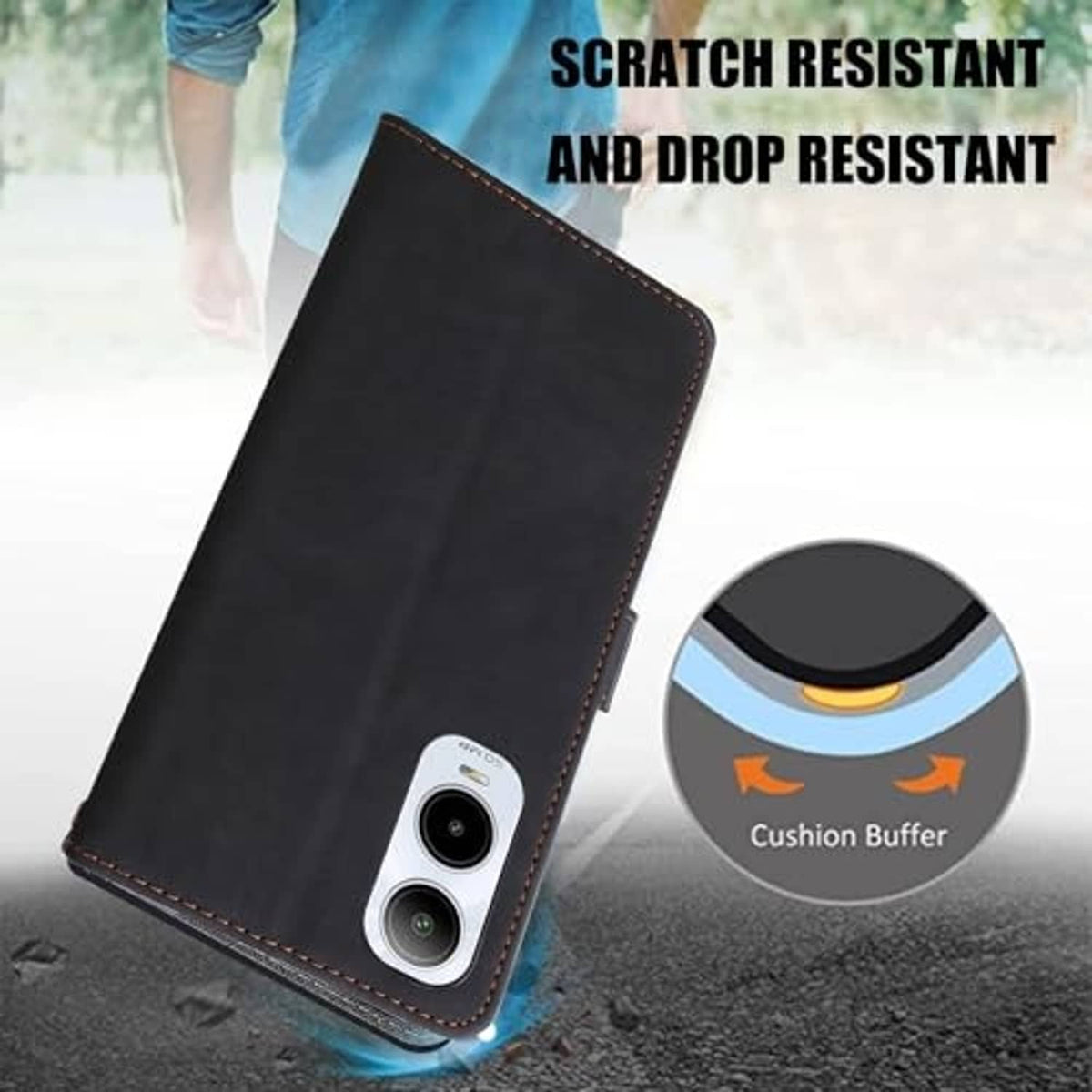 Black wallet folio phone case with dual camera cutout and cushioned bumper edge.