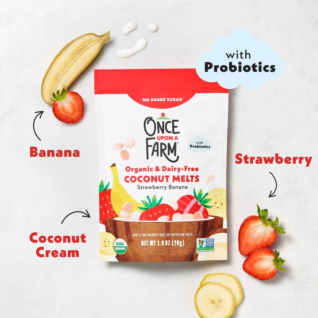 Organic coconut melts pouch with probiotics, strawberry banana flavor, with fruit illustrations
