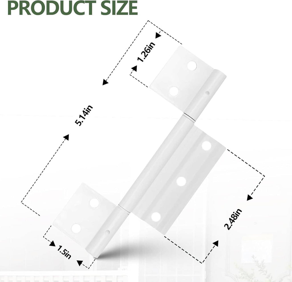 White aluminum door hinge plates with multiple screw holes and measured size