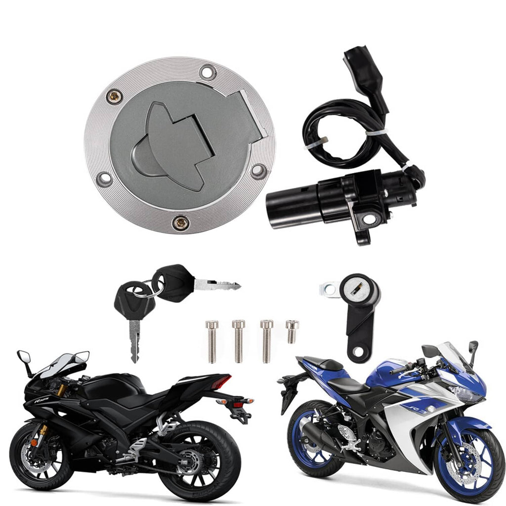 Ignition switch and fuel cap seat lock key set with keys, cylinder, and mounting parts