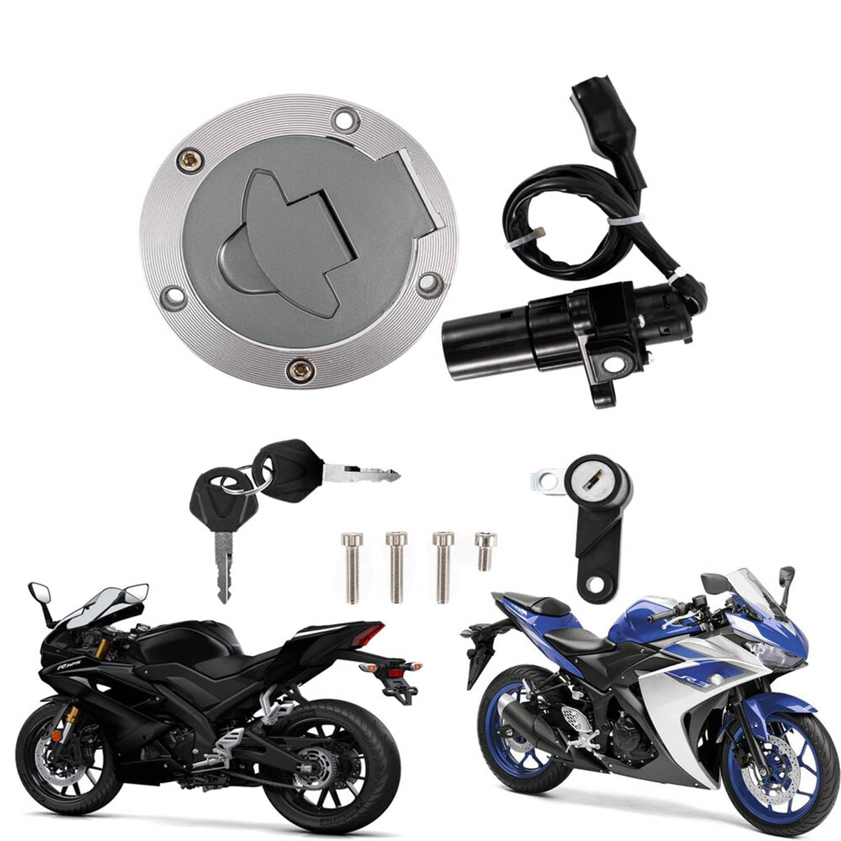 Ignition switch and fuel cap seat lock key set with keys, cylinder, and mounting parts