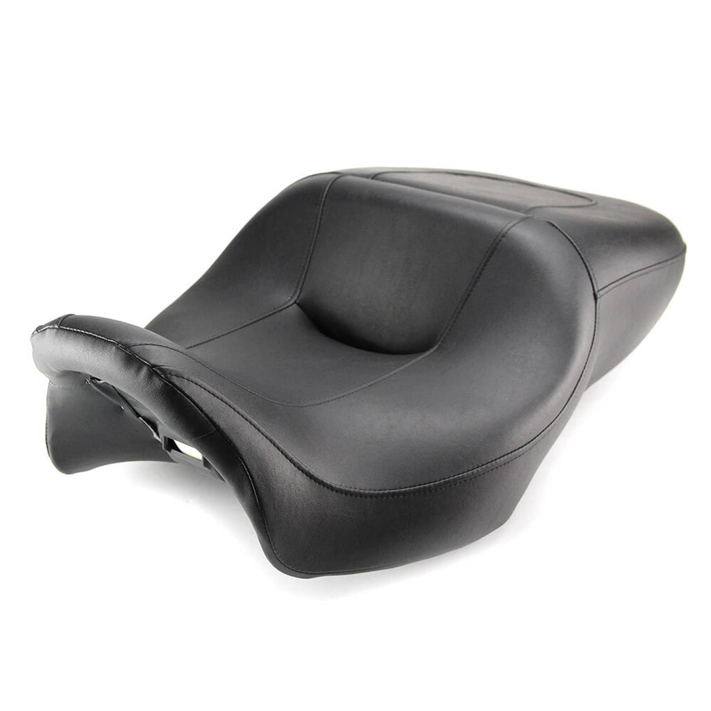 Black 2-up motorcycle seat with raised center cushion and stitched edges, front-side view