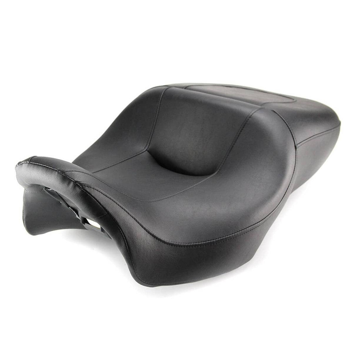 Black 2-up motorcycle seat with raised center cushion and stitched edges, front-side view
