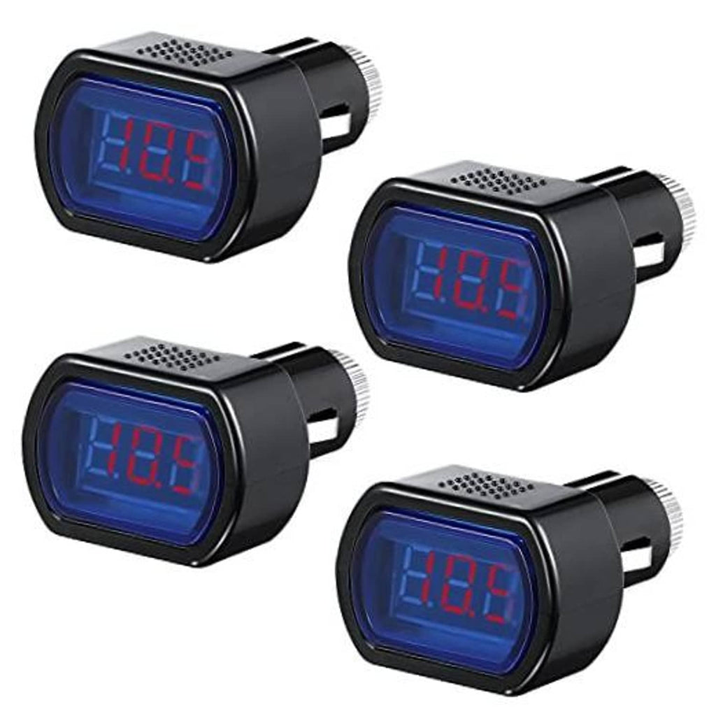 4-piece digital car voltmeter set with blue LED display and black housing