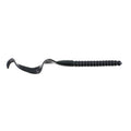 Black 10-inch curly tail soft plastic worm on a fishing hook
