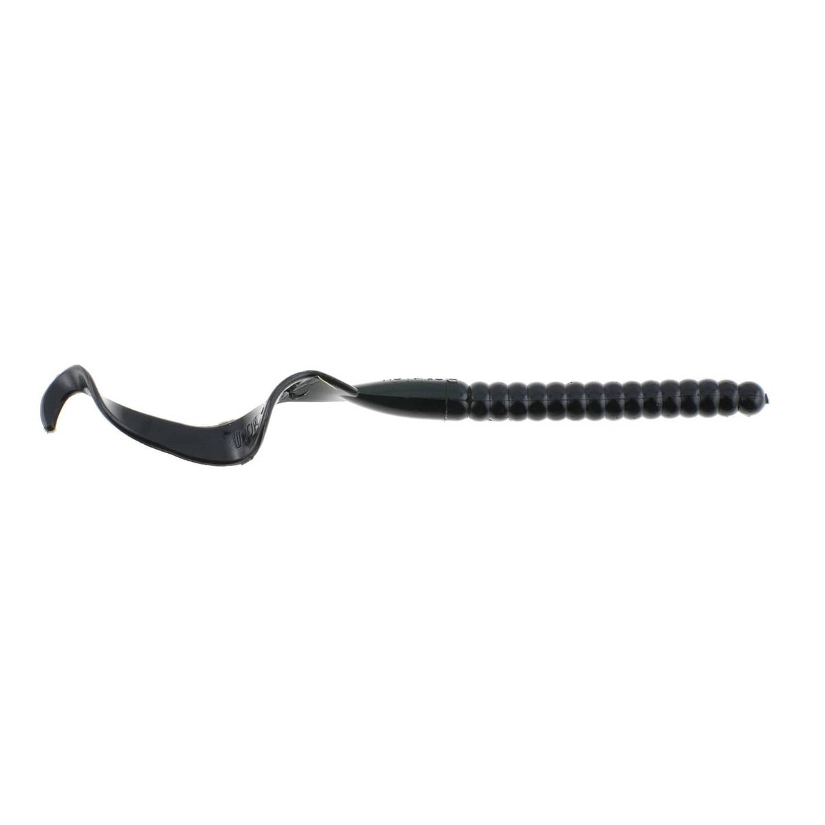 Black 10-inch curly tail soft plastic worm on a fishing hook