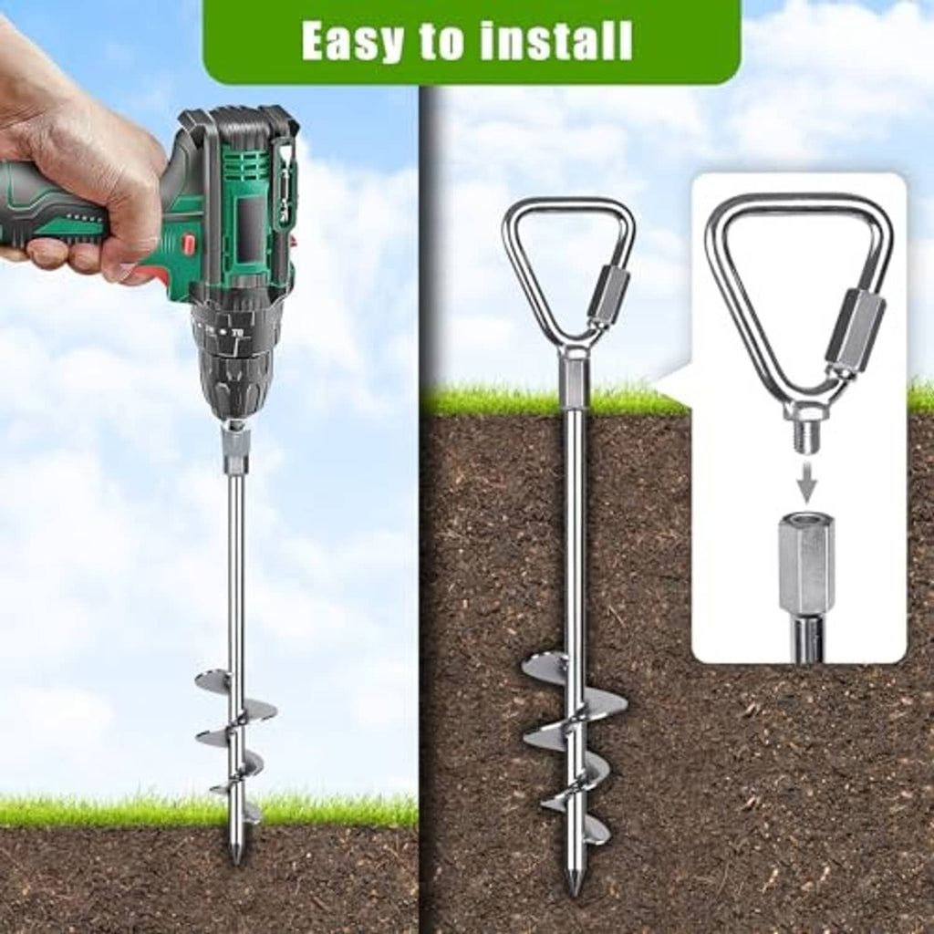 Chrome screw-in ground anchor stake in soil, with U-loop handle for tarp or tent.