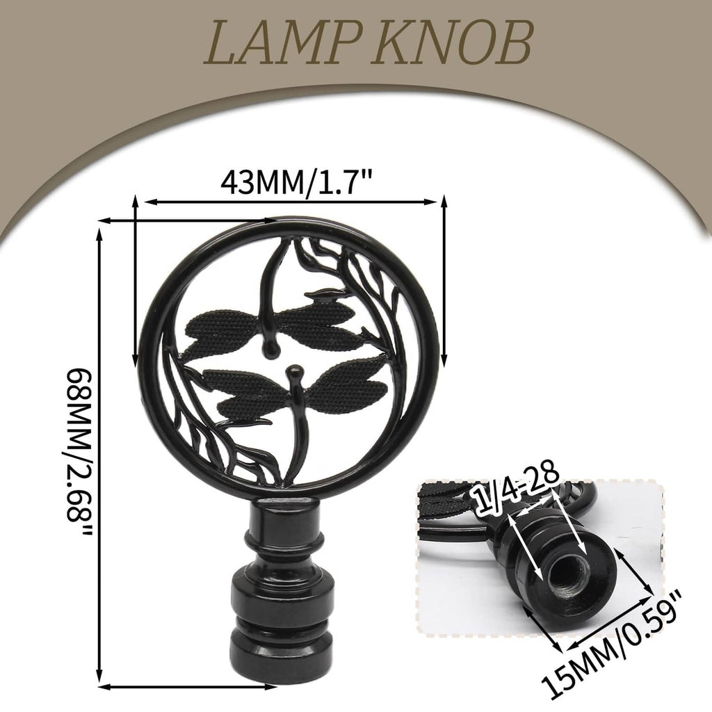 Black dragonfly lamp finial with round medallion, showing 1/4-28 thread and dimensions