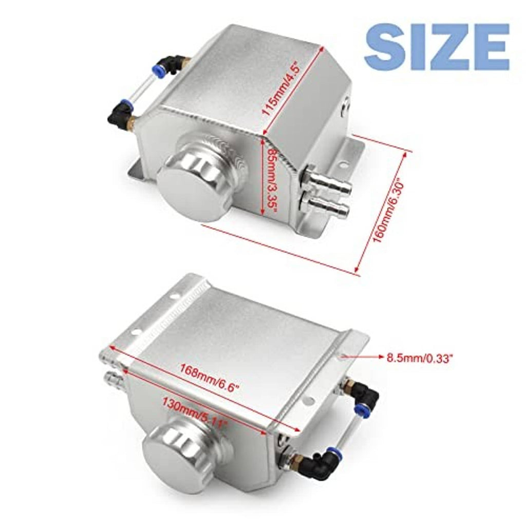 Aluminum coolant overflow reservoir tank with drain outlet and side hose fittings