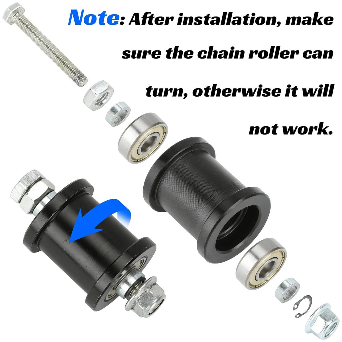 Chain tensioner roller shown with note to align so roller turns freely after installation