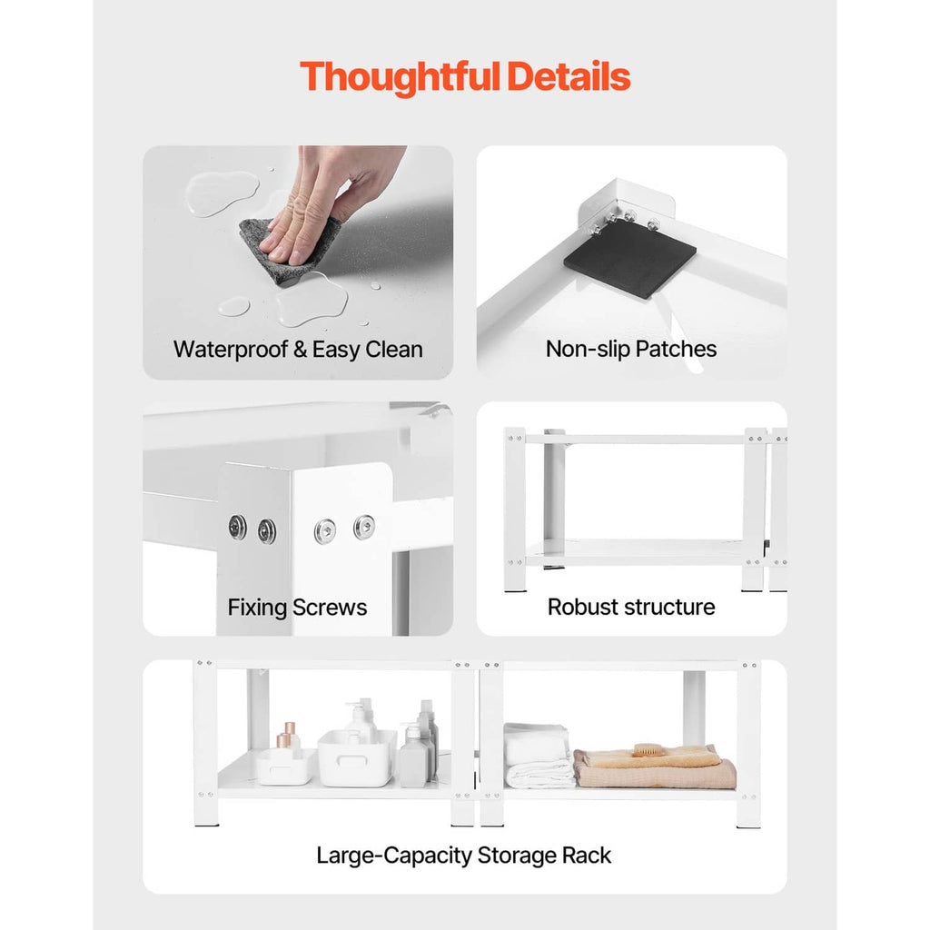 White storage rack base with non-slip pads, waterproof top, and reinforced frame