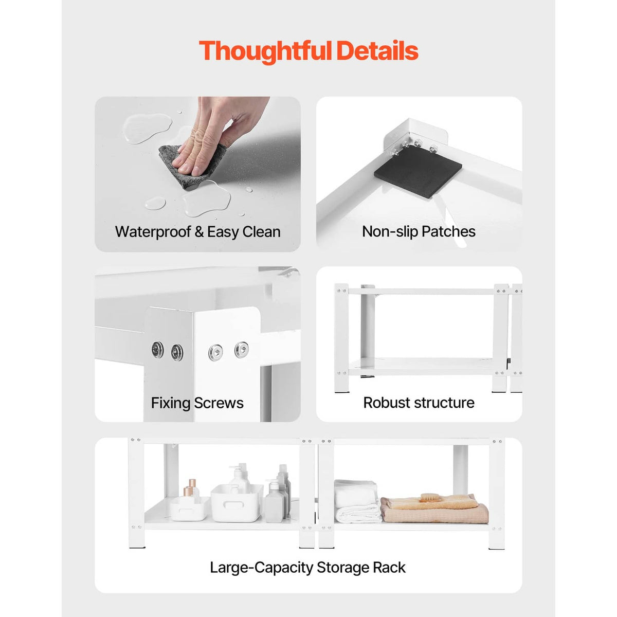 White storage rack base with non-slip pads, waterproof top, and reinforced frame