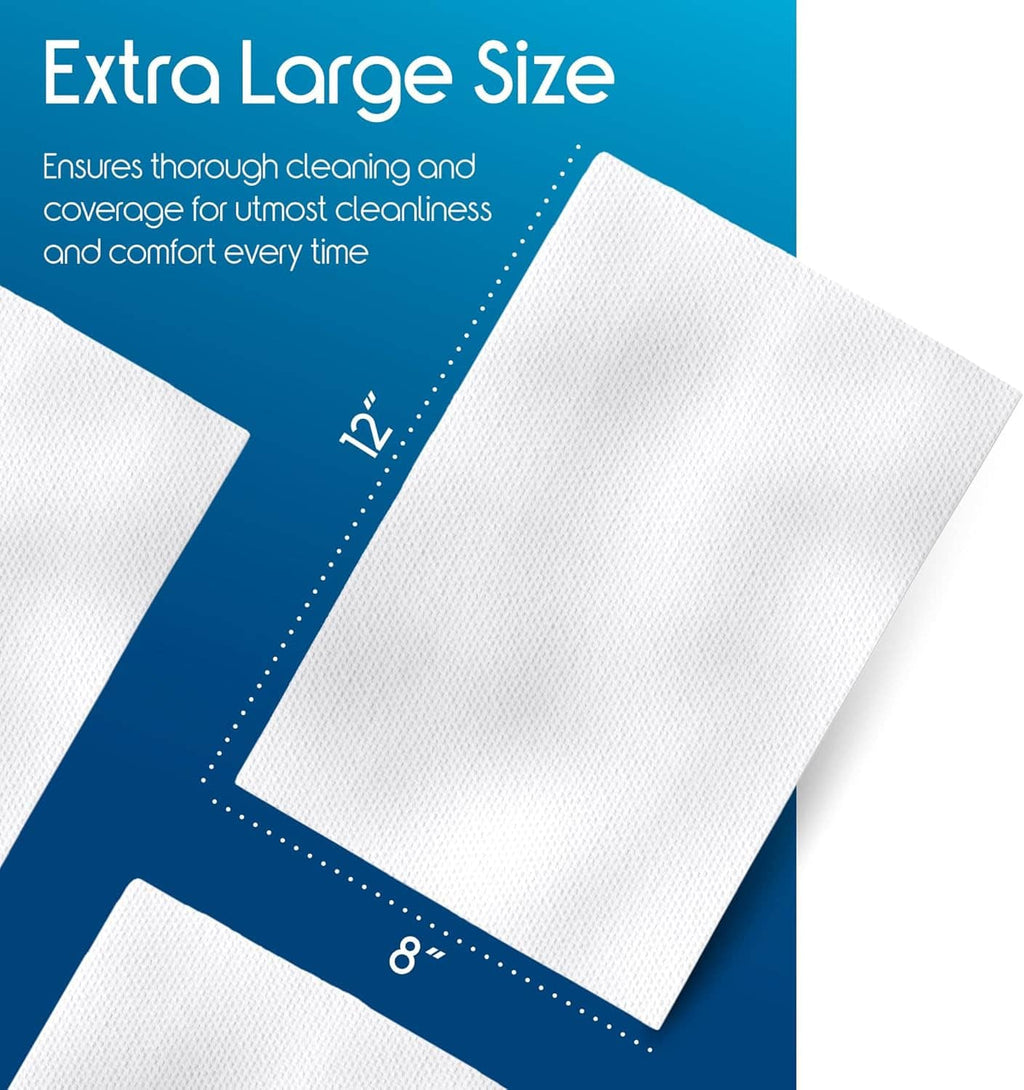 Large white adult washcloth wipe sheets shown folded, with blue sizing graphic