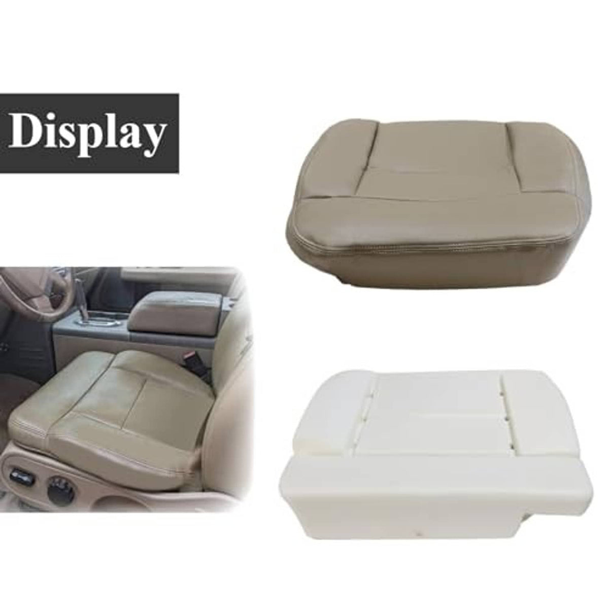 Tan and light-cream seat cushion covers with foam backing, stitched seam panels