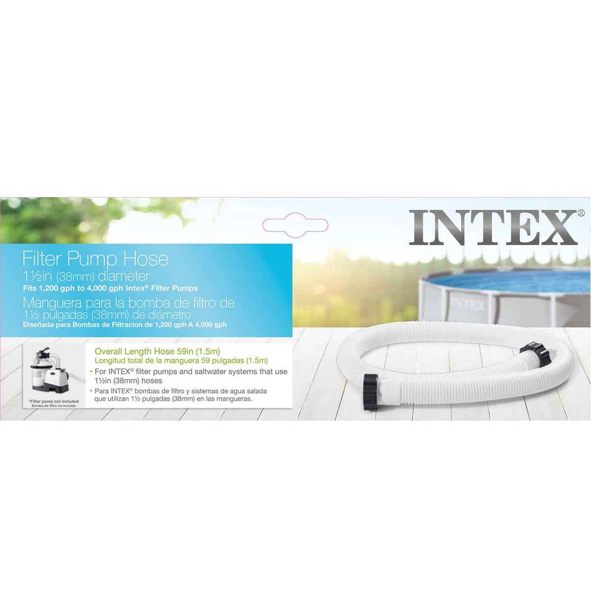 Intex filter pump hose packaging with coiled white hose and black connectors