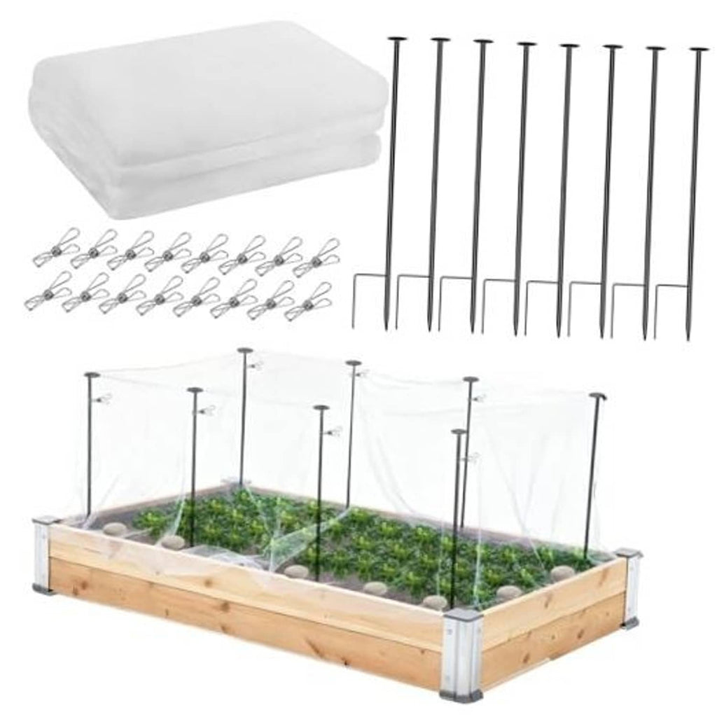 Raised garden bed netting kit with white mesh cover, metal poles, stakes, and clips