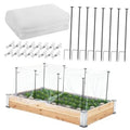 Raised garden bed netting kit with white mesh cover, metal poles, stakes, and clips