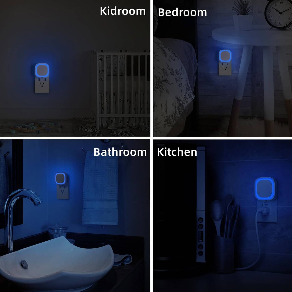 Plug-in night light glowing blue in a wall outlet for bedroom, bathroom, or kitchen use