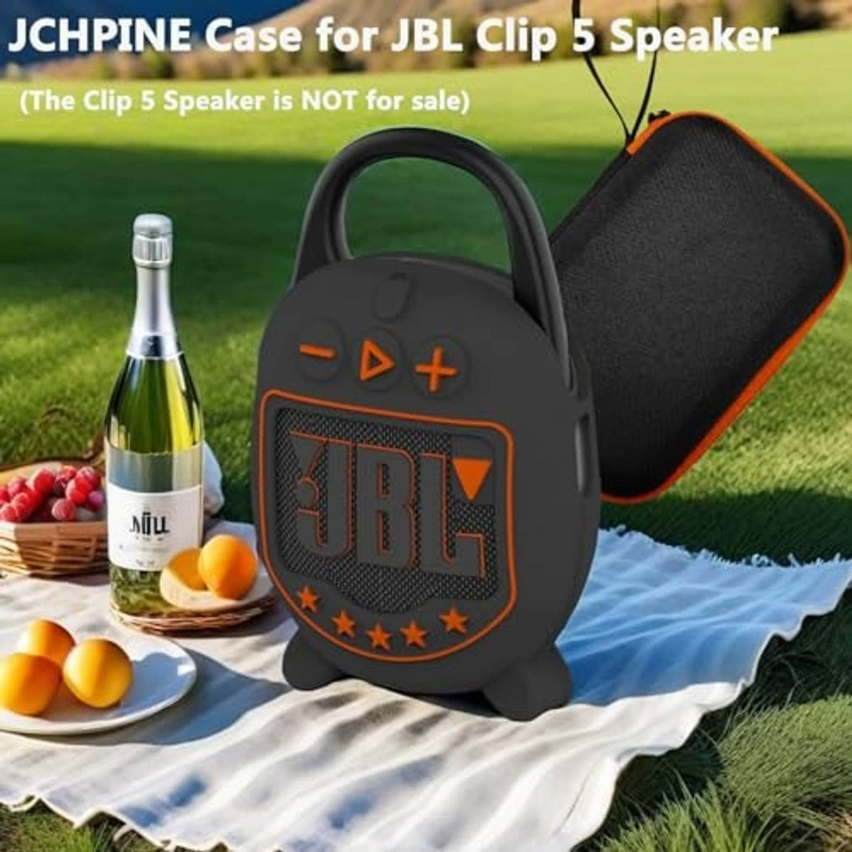 Black speaker case with orange trim and carry handle, open zipper pouch included