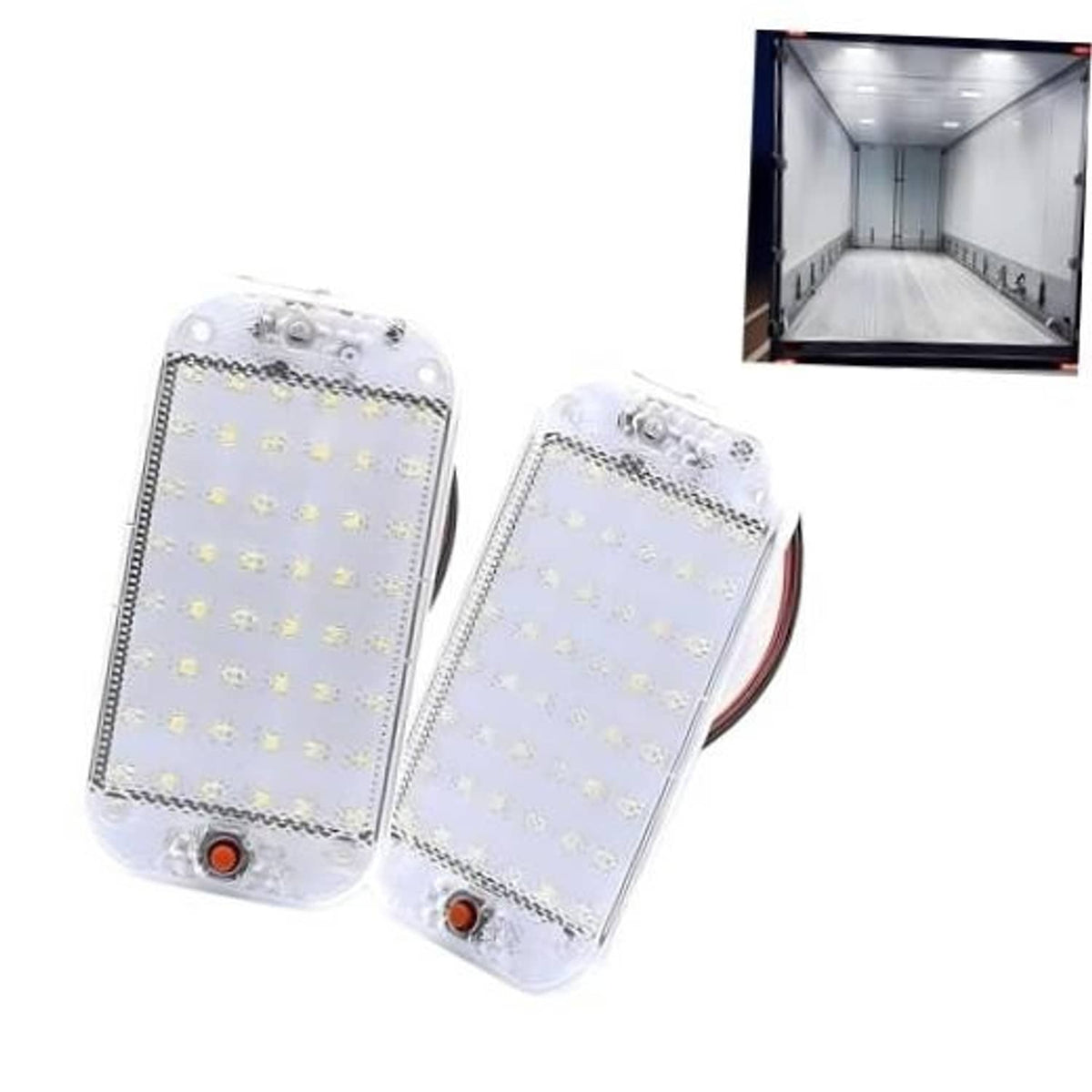 Two clear dome LED compartment lights with wire leads, shown side by side with lit inset