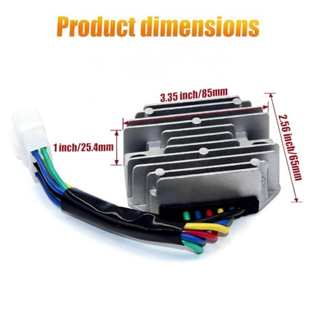 Voltage regulator rectifier module with finned heatsink and wire harness beside size guide
