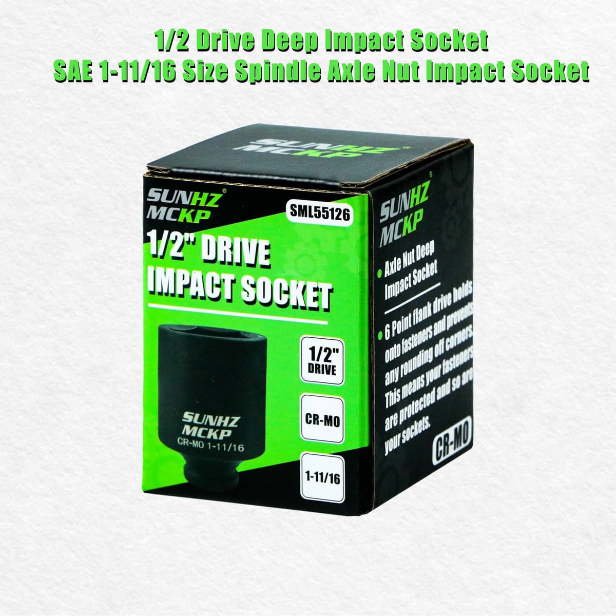 Black 1/2-inch drive deep impact socket retail box labeled 1-11/16