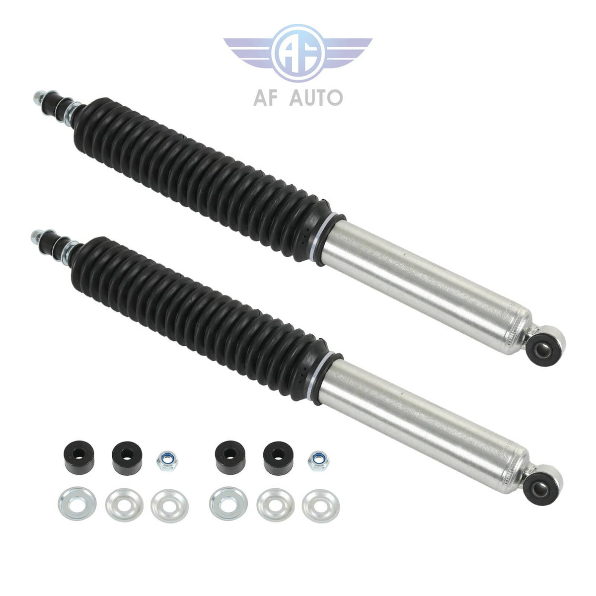 Rear shock absorber kit, pair of black boots and silver cylinders with mounting hardware