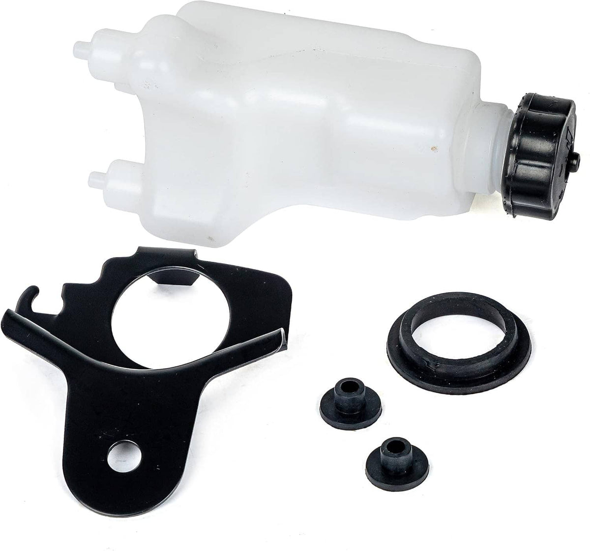 White oil tank with black mounting bracket, O-ring and three rubber grommets
