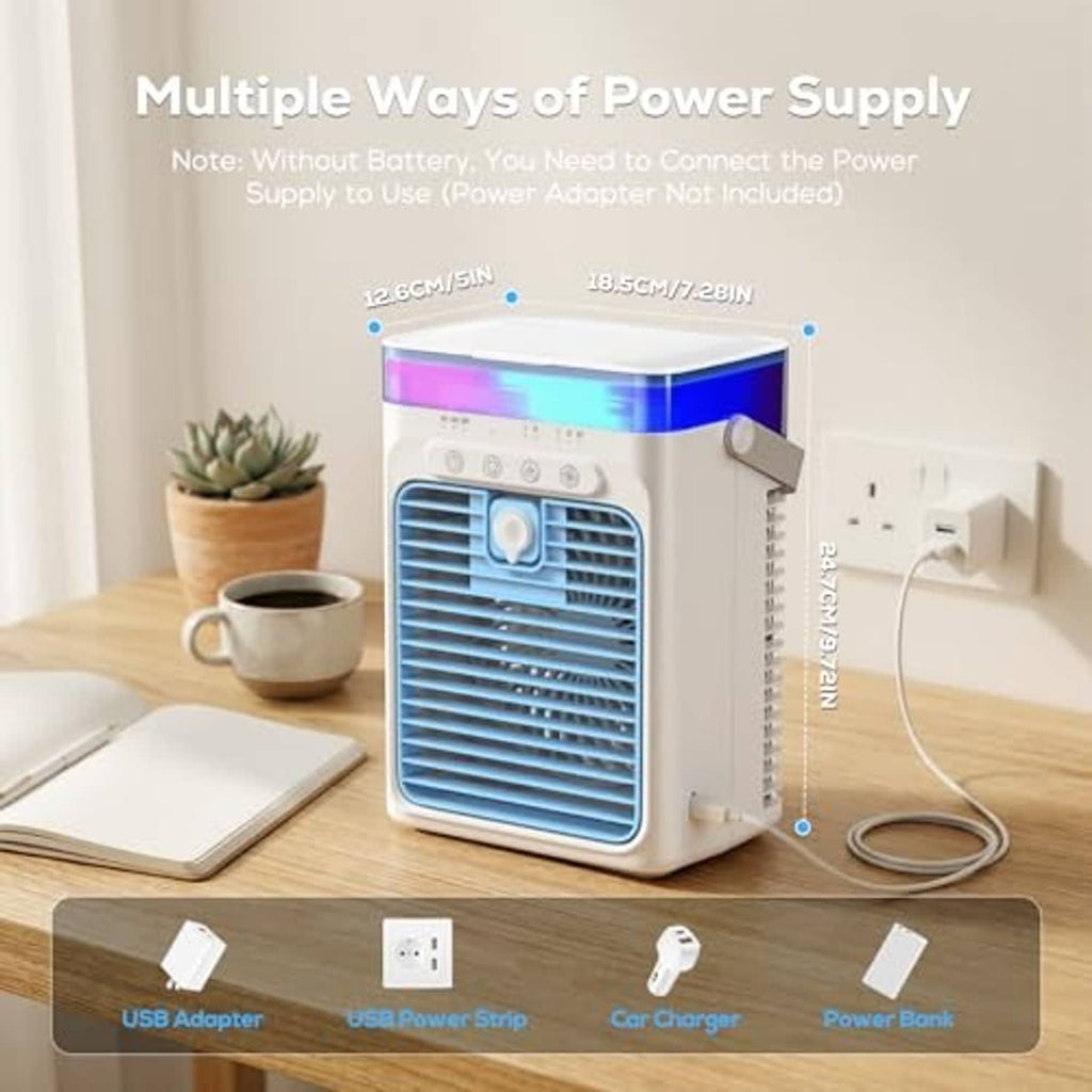Portable evaporative air cooler with blue grille and top handle, shown with power cords.