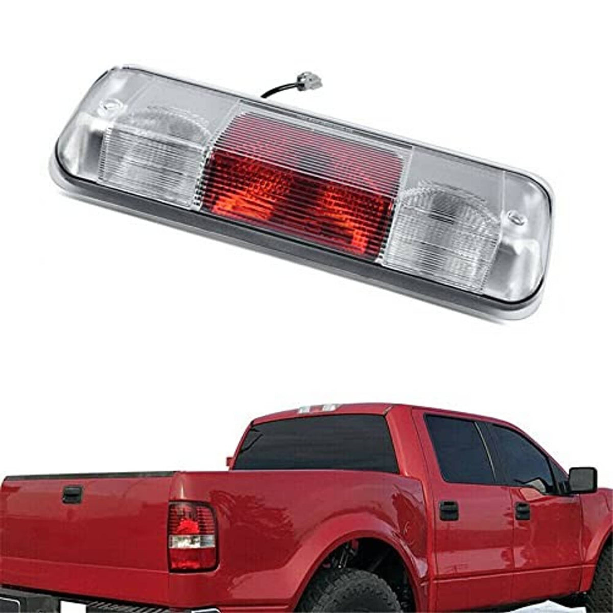 Rear center brake light lamp unit with clear lens and red center segment, angled view