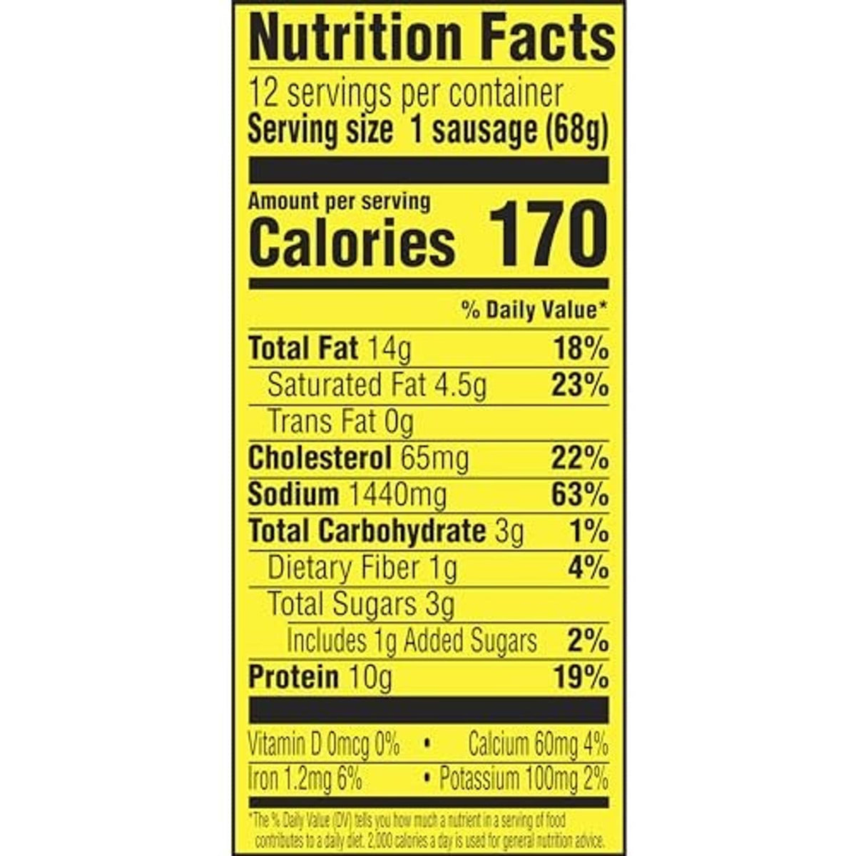 Nutrition facts panel for Big Mama pickled sausage, 1 sausage serving size